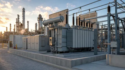 Power electronics US transformer oil refinery location showing oil-immersed transformer with blast wall and containment