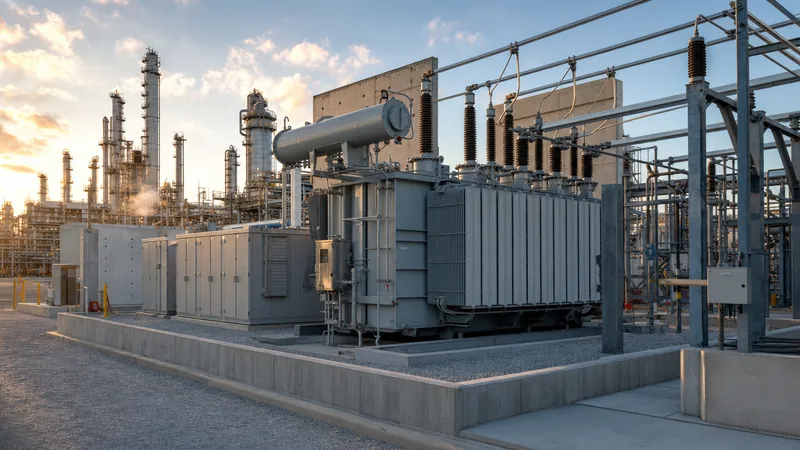 Power electronics US transformer oil refinery location showing oil-immersed transformer with blast wall and containment
