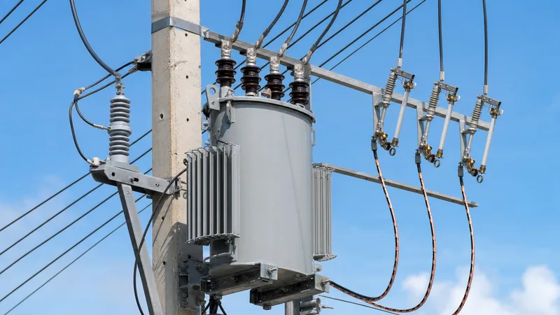 Overhead utility power line transformer mounted on a concrete pole with surge arresters and distribution lines