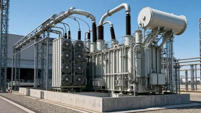 Large power plant transformer installed in an outdoor electrical generation switchyard with high voltage bushings