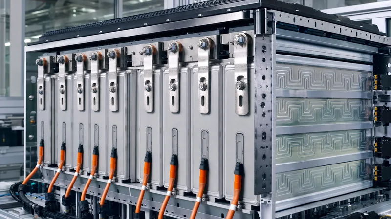 Large-format prismatic battery cells mounted in a heavy-duty industrial energy storage module with compression endplates