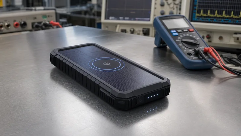 Qi solar power bank with 10000mAh capacity and wireless charging pad on an engineering test bench