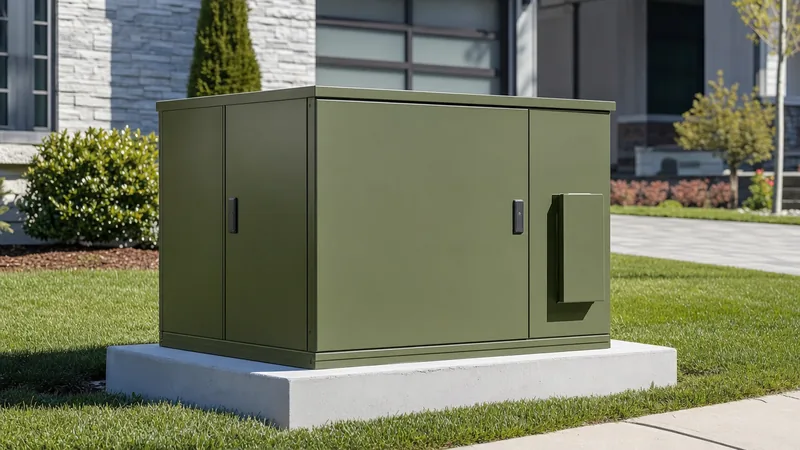 Pad-mounted residential transformer box installed on concrete pad in a modern residential suburban street