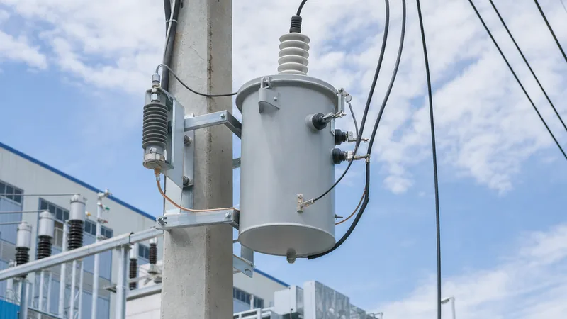 Single phase distribution transformer mounted on an overhead utility pole with primary and secondary bushings