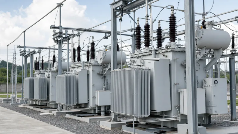 High voltage single phase transformer units installed in an electrical power distribution substation