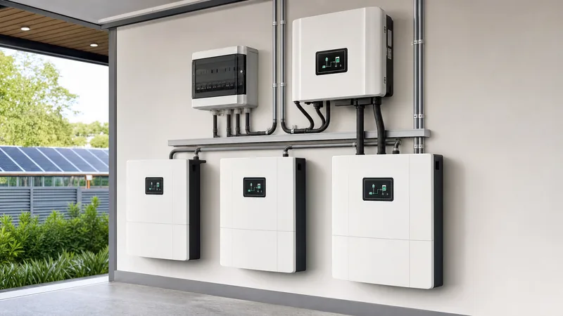 Solar energy battery storage system installation featuring modular LFP battery units and hybrid power conversion equipme