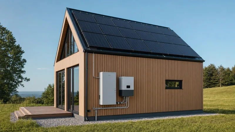 Rooftop solar power for small house installation with wall-mounted lithium battery storage