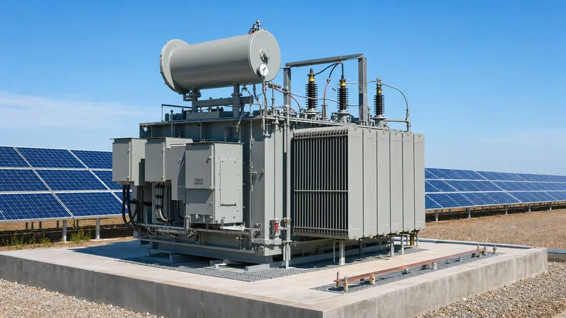 Utility-scale solar power transformer installed on concrete pad at a photovoltaic solar plant