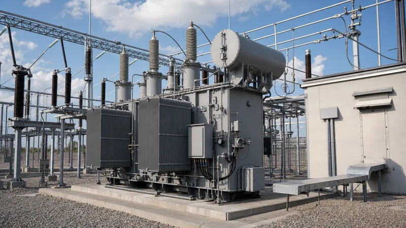 Station service transformer installed on concrete foundation in high-voltage substation switchyard