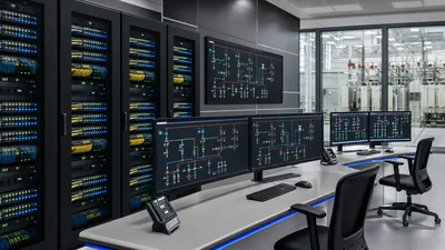 Substation automation system server racks and network switches in a control room