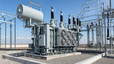 Large substation transformer installed on concrete foundation pad in an electrical utility switchyard