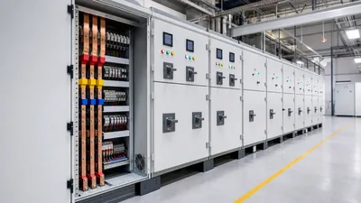 Industrial swbd electrical assembly with open breaker compartments and copper busbars inside a substation switchroom