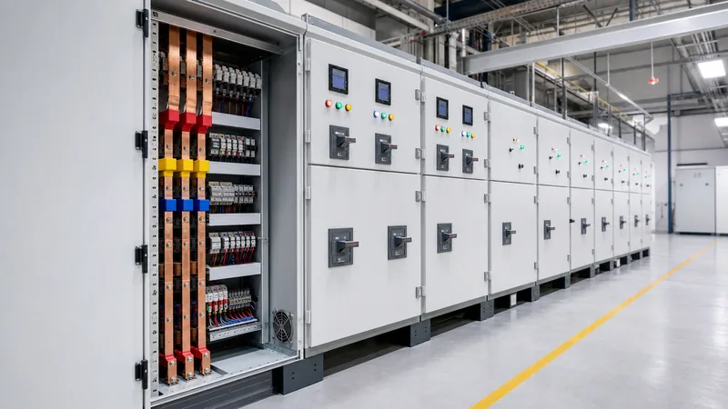 Industrial swbd electrical assembly with open breaker compartments and copper busbars inside a substation switchroom