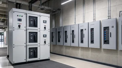 Comparison of a floor-mounted switchboard vs panelboard wall enclosure in an electrical distribution room