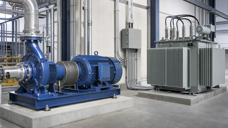 Heavy duty three phase electric motor coupled to industrial equipment in an engineered electrical plant