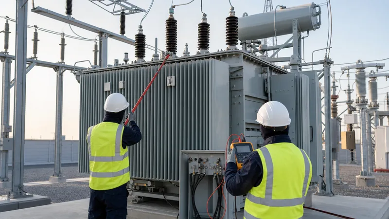 Engineers testing three phase line to line voltage on a distribution transformer