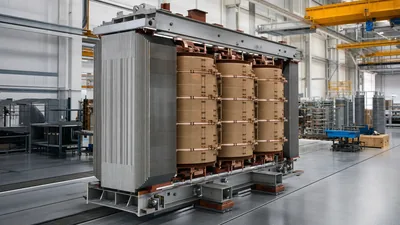 Transformer building active part assembly showing stacked CRGO core and copper windings in factory