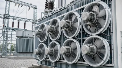 Heavy-duty transformer fan assembly mounted on radiator banks of an outdoor substation power transformer