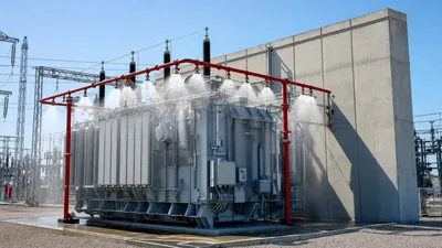 Transformer fire protection system with high-velocity water deluge spray nozzles and blast-resistant fire wall