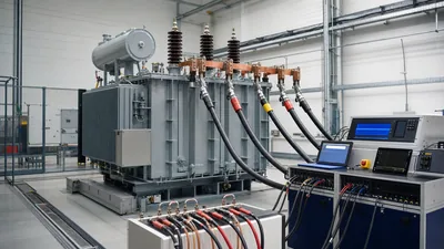 Transformer impedance test setup showing power transformer during factory acceptance short-circuit test