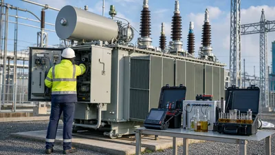 Electrical engineer conducting routine transformer maintenance and diagnostic testing at an electrical substation
