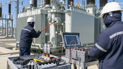 Electrical engineers conducting professional transformer maintenance services and diagnostic testing on a substation uni