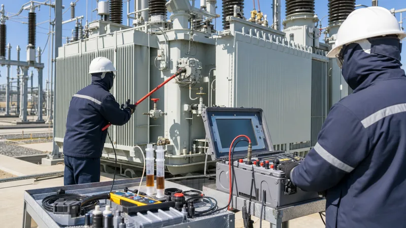 Electrical engineers conducting professional transformer maintenance services and diagnostic testing on a substation uni