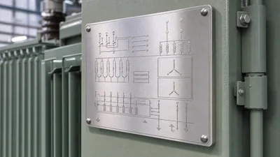 Detailed metal transformer nameplate showing technical electrical specifications, vector group, and voltage ratings.