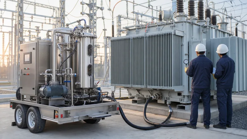 Industrial transformer oil purification machine performing high-vacuum filtration on an oil-immersed substation transfor