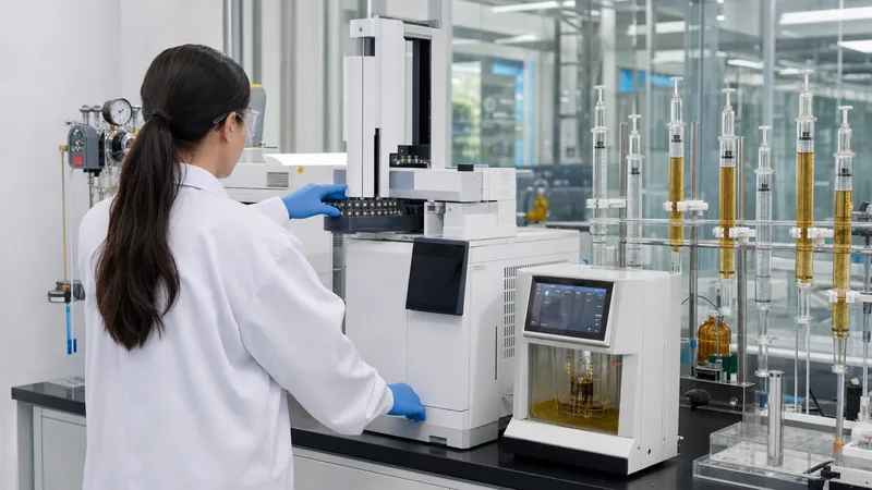 Transformer oil testing laboratory conducting dielectric breakdown and dissolved gas analysis on insulating fluid sample