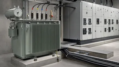 Industrial distribution transformer selection chart layout showing high voltage unit and circuit breaker switchboard