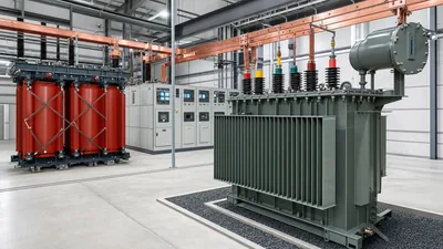 Transformer sizing calculator lookup diagram showing industrial substation transformers and electrical panels