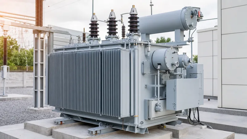 Outdoor distribution unit built to exact transformer specification with cooling radiators and high-voltage bushings