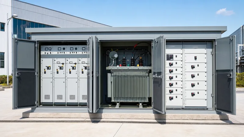 Factory assembled outdoor transformer unit substation with open compartments showing MV switchgear and LV distribution