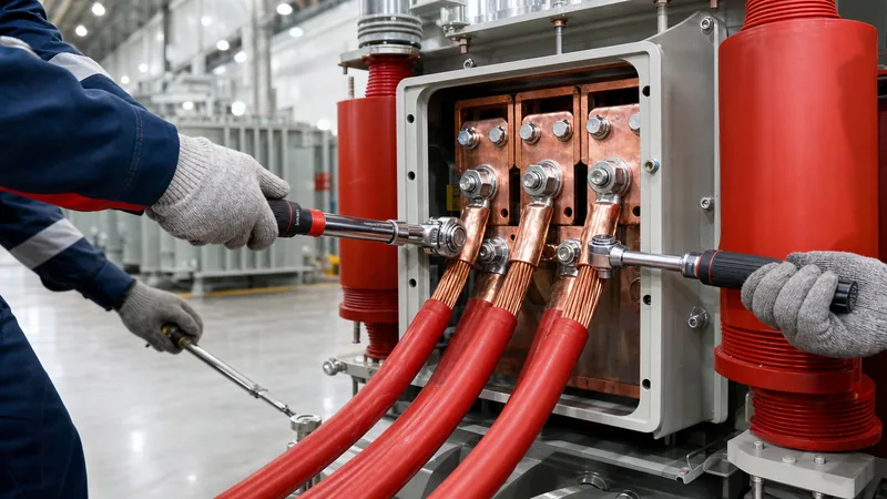 Heavy duty copper transformer wire terminated onto low-voltage distribution transformer busbars