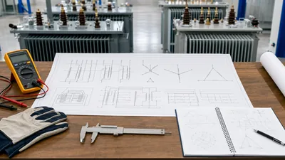 Detailed transformer wiring schematic blueprint on an engineering workbench with testing equipment