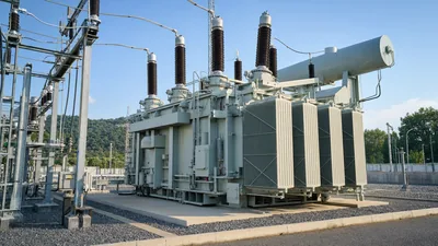 Large electrical power transformer and high voltage bushings installed in a transmission substation.