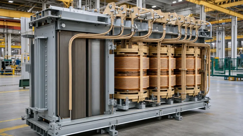 Detailed view of power transformers internal components showing magnetic core and copper windings