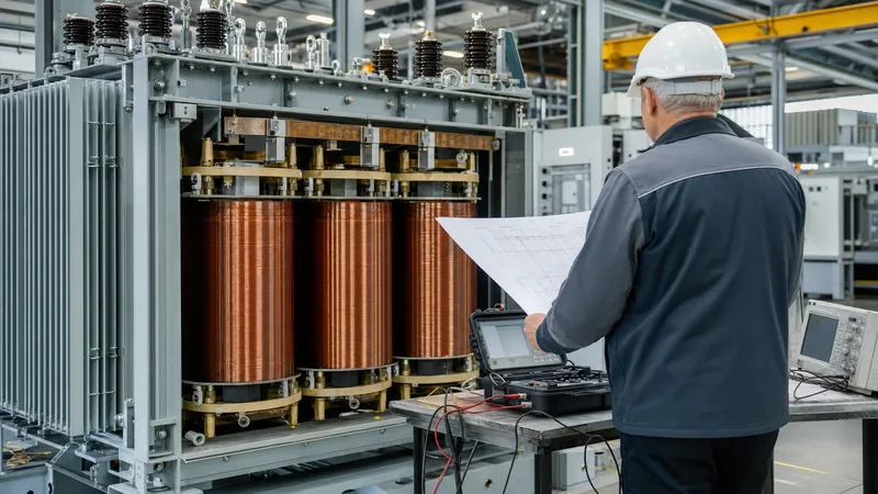 Senior electrical engineering transformers writer reviewing high voltage power transformer factory test specifications