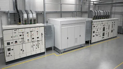 Industrial indoor unit substation showing medium-voltage switchgear, unit substation transformer, and low-voltage distri