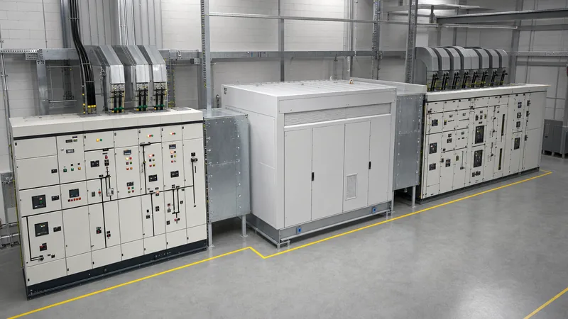 Industrial indoor unit substation showing medium-voltage switchgear, unit substation transformer, and low-voltage distri
