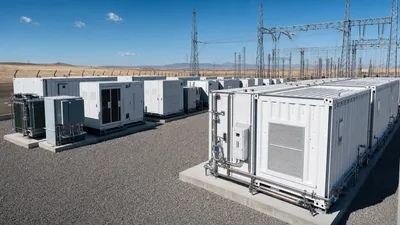 Utility scale battery storage installation with liquid-cooled containers and medium-voltage transformer skids