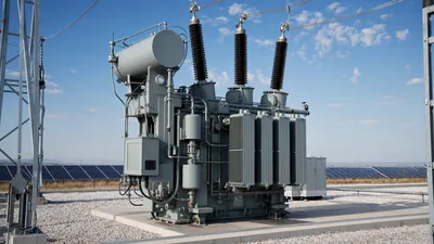 Large substation power transformer demonstrating voltage regulation equipment in a renewable energy park