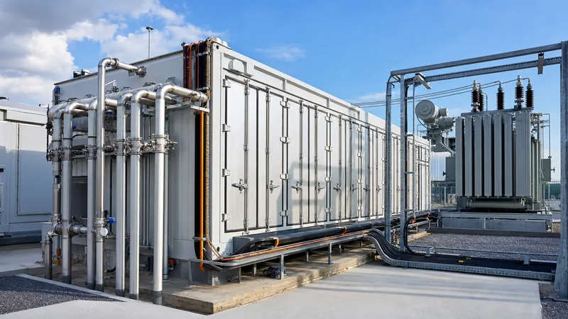 Commercial watt batteries and energy storage containers installed in a utility substation yard