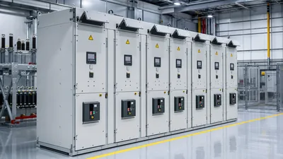 Arc-resistant medium-voltage switchgear lineup demonstrating arc flash protection systems and pressure relief venting