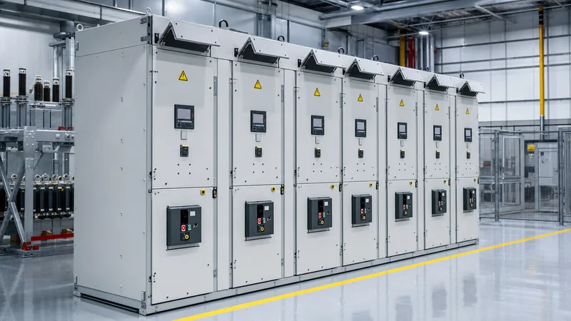 Arc-resistant medium-voltage switchgear lineup demonstrating arc flash protection systems and pressure relief venting