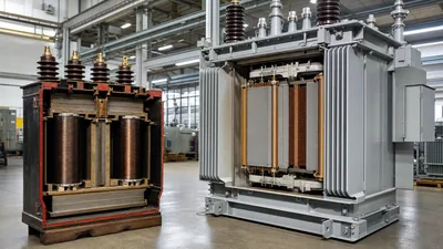 Diagram comparing who was the first transformer prototype with modern industrial core and coil assemblies