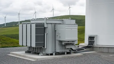 Wind turbine transformer step-up unit installed beside an onshore wind turbine tower foundation