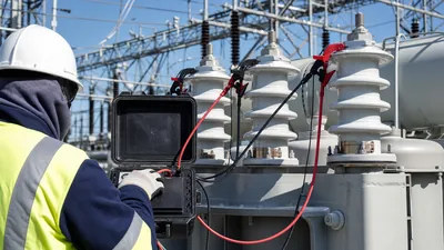 Electrical engineer conducting a winding resistance test of transformer using Kelvin micro-ohmmeter test leads
