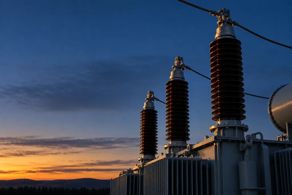 Porcelain high-voltage bushings on a power transformer